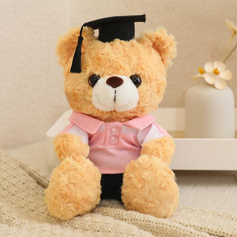 Light Brown Graduation Bear in Polo Shirt Soft Stuffed Plush 23cm 9 inches Blue Pink Orange Yellow Green