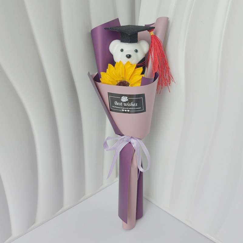 Graduation Bear Plush Sunflower Bouquet 35cm 13.78inches Dark Purple