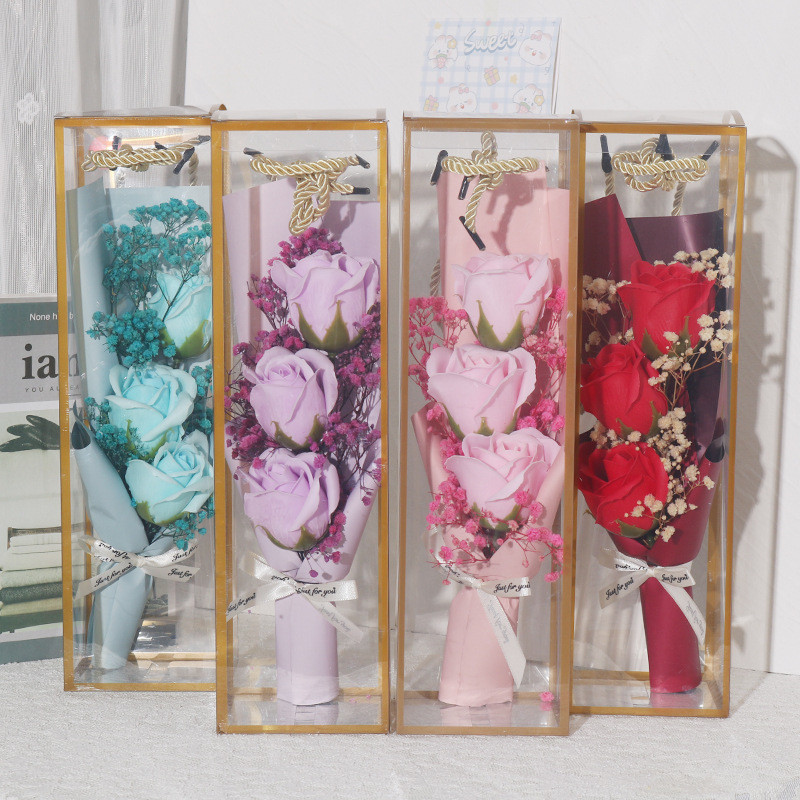 Tall Rose Flower Bouquet Mother's Day Graduation Gift In Clear Box 32cm 12.6inches Pink Purple Blue Red