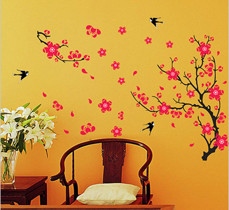 Pink Flowers Black Swallows Wall Decal Sticker