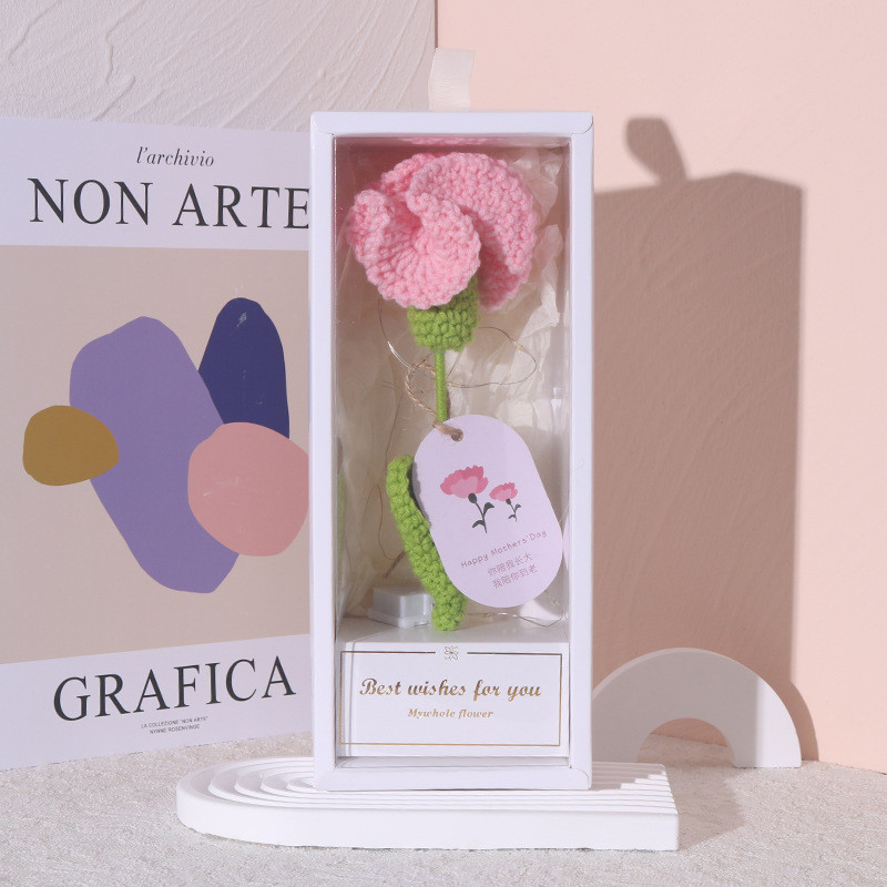 Knitted Carnation Flower With LED Mother's Day Graduation Gift In Clear Box 27cm 10.62inches Pink Red Purple