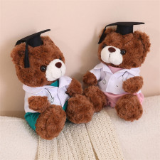 Brown Graduation Bear in Medical Doctor Robe Soft Stuffed Plush 23cm 9 inches Pink Green