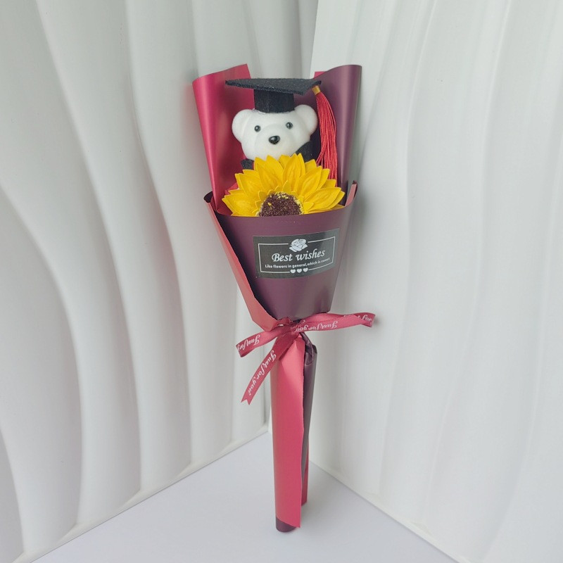 Graduation Bear Plush Sunflower Bouquet 35cm 13.78inches Burgundy