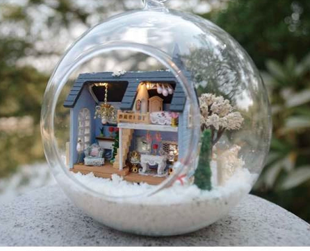 Christmas Gift Idea DIY Miniature House Model Glass Globe Ornament with Led Lights Blue House