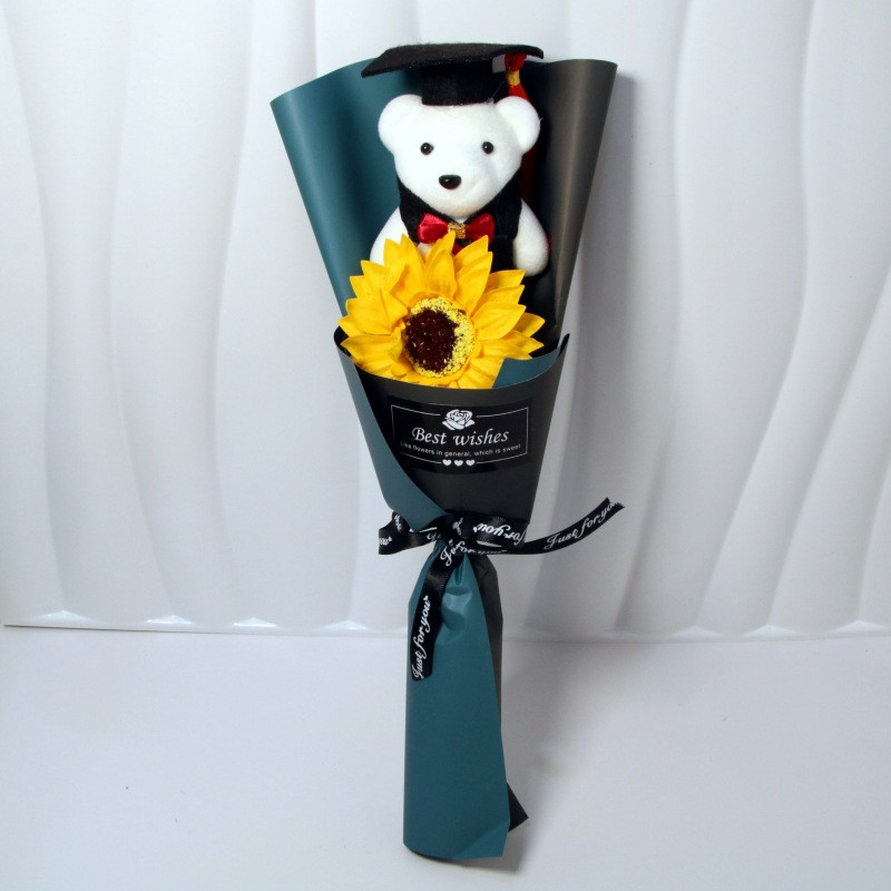 Graduation Bear Plush Sunflower Bouquet 35cm 13.78inches Dark Blue