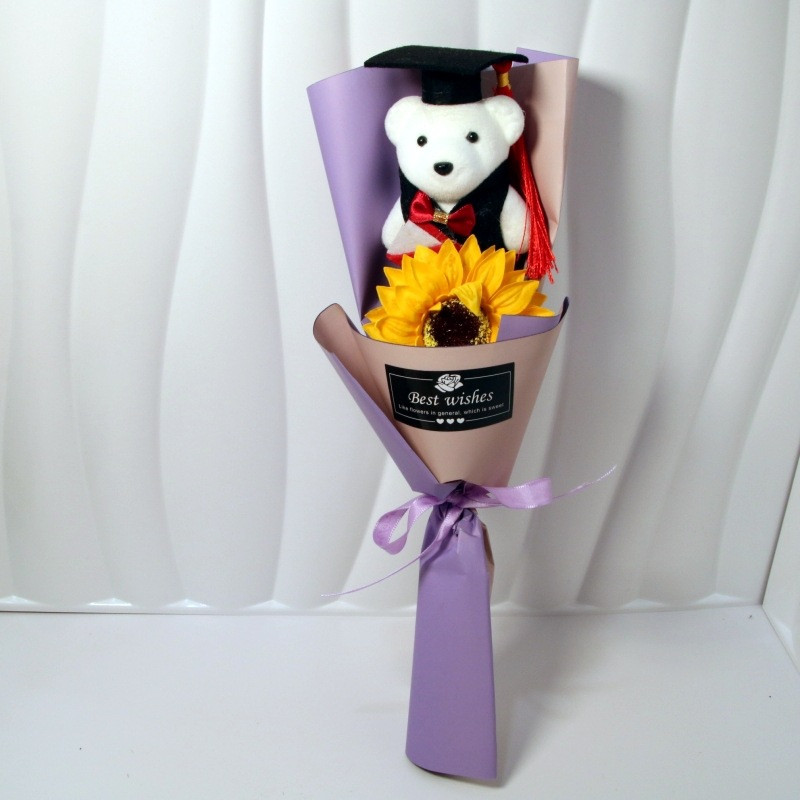 Graduation Bear Plush Sunflower Bouquet 35cm 13.78inches Purple