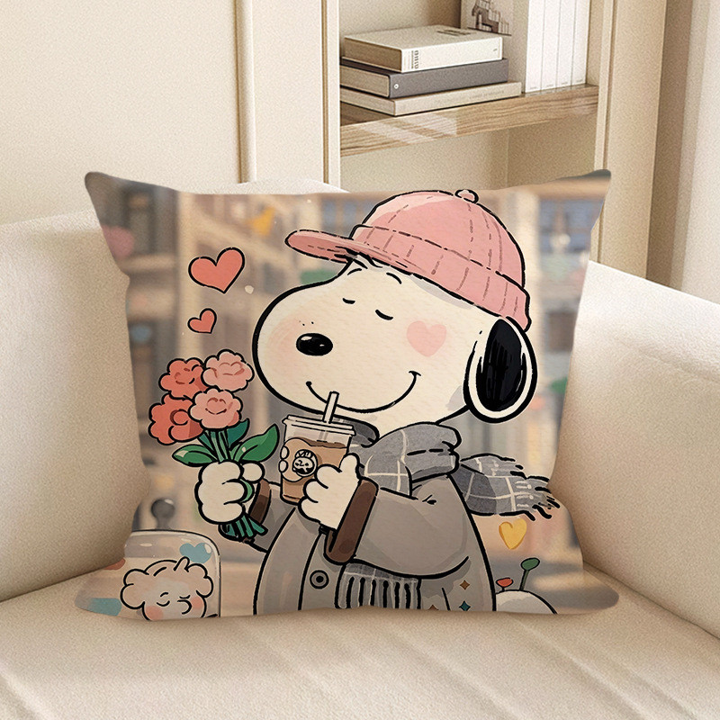 Snoopy Holding Flowers and Coffee Soft Stuffed Plush Pillow Multiple Sizes