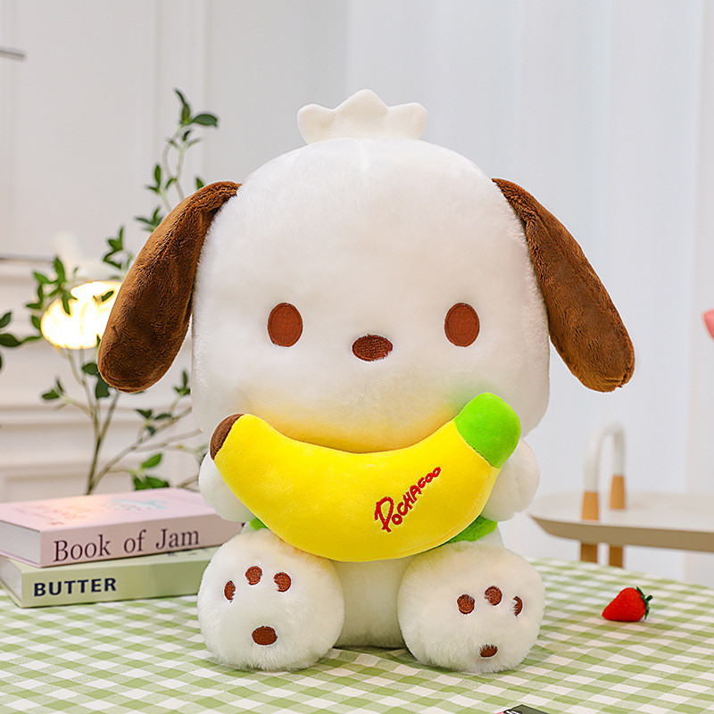 Sanrio Pochacco Holding Banana Soft Stuffed Plush Multiple Sizes
