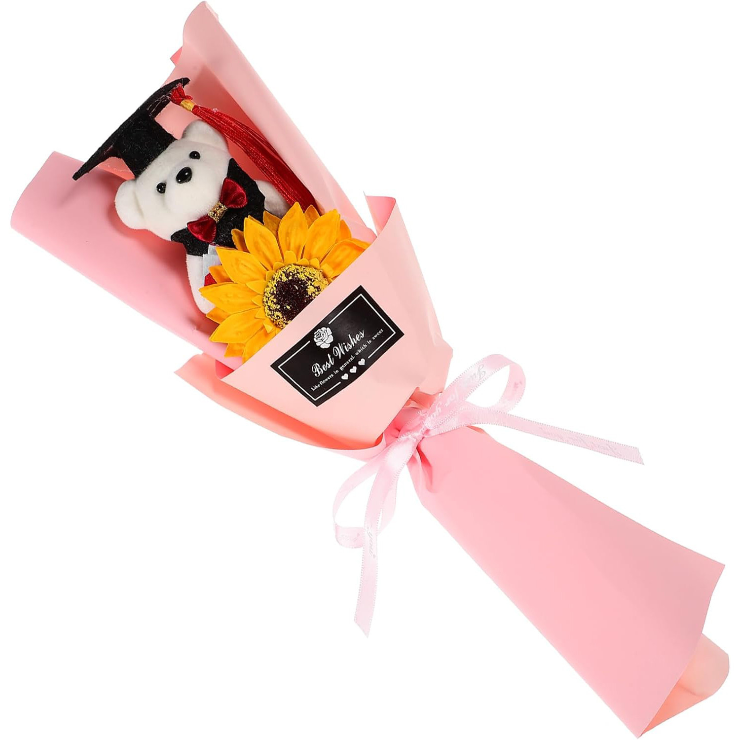 Graduation Bear Plush Sunflower Bouquet 35cm 13.78inches Light Pink