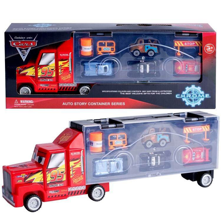 Disney Mack Friction Motor McQueen Hauler Truck Plus 4 Cars Set