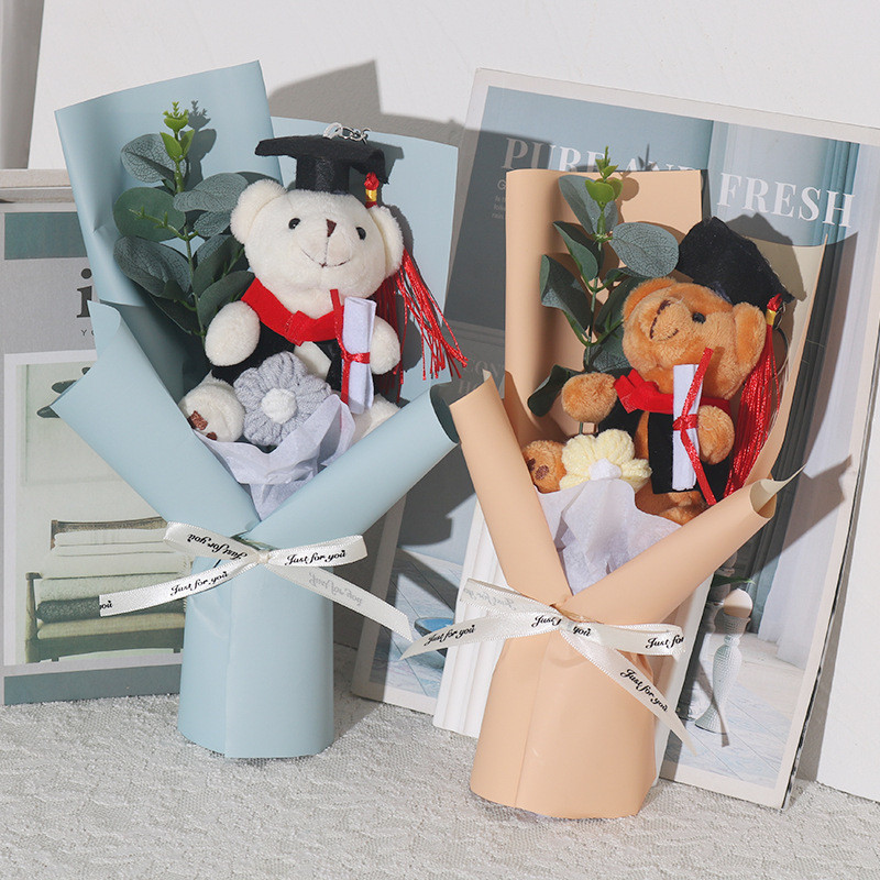 Graduation Bear Plush Bouquet 27cm 10.62inches Pink Purple Blue Beige